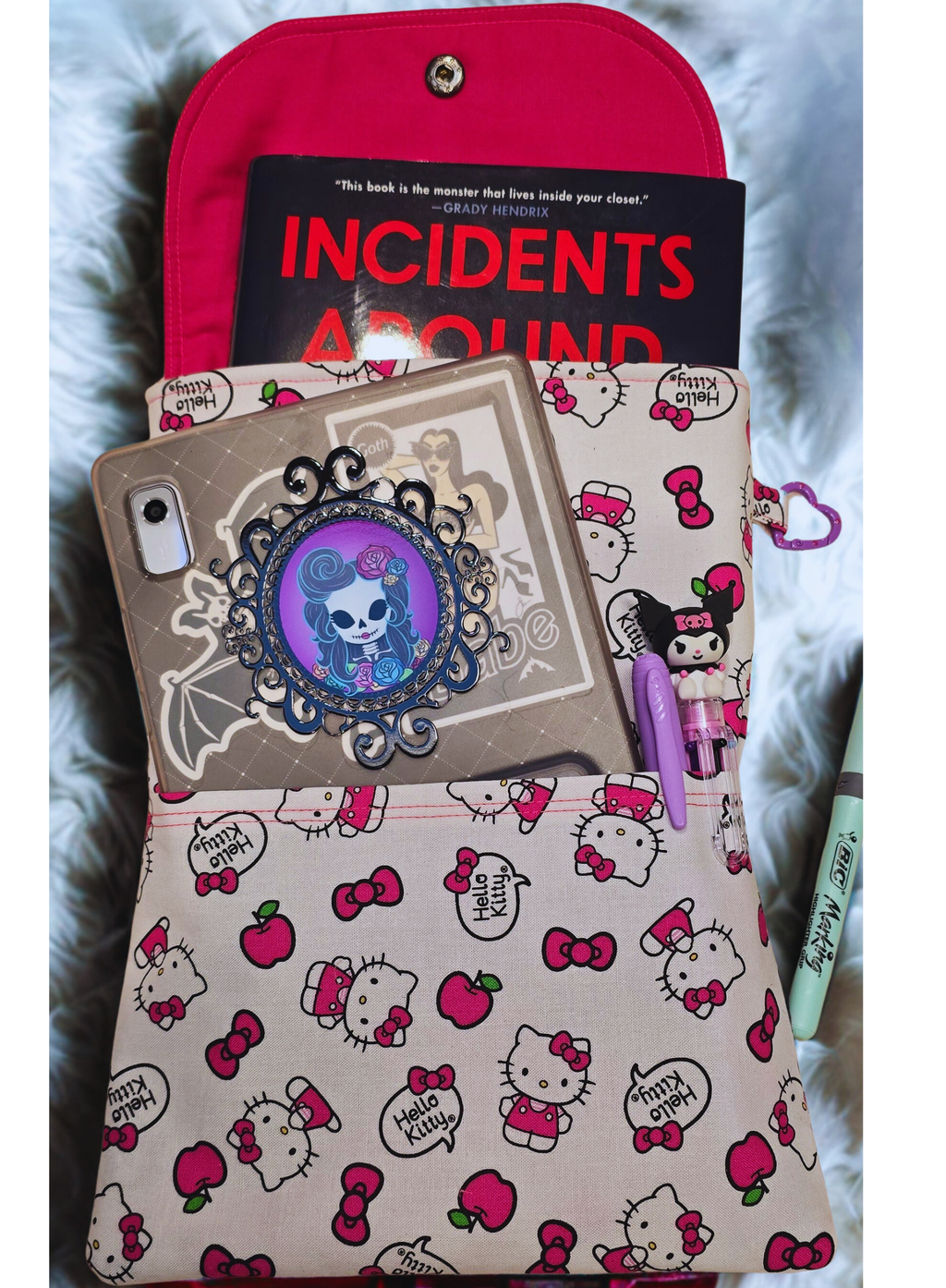 Hard Cover Book Sleeve, Hello Kitty apples and bows