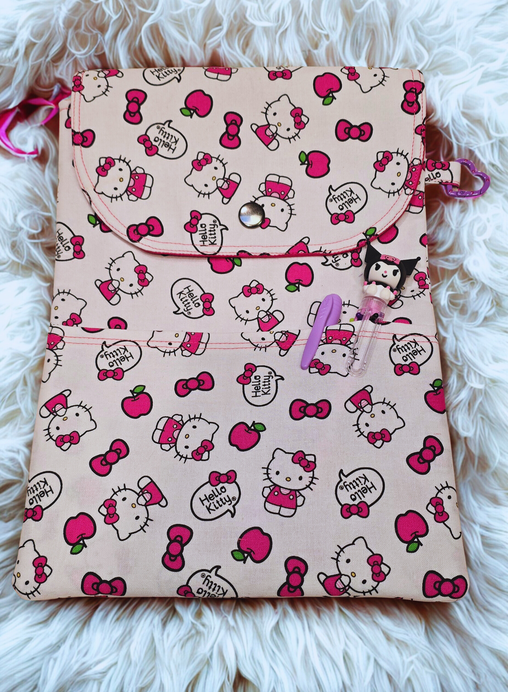 Hard Cover Book Sleeve, Hello Kitty apples and bows